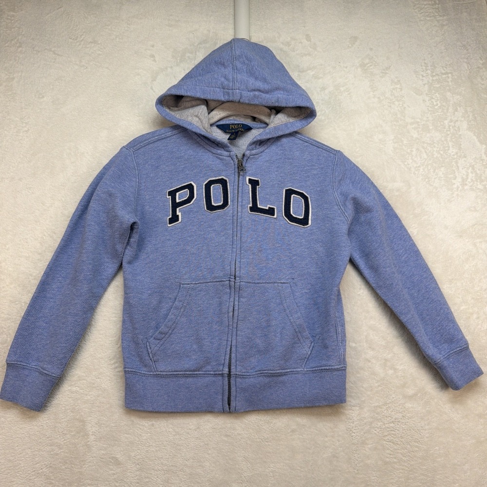Polo Ralph Lauren Boys Zip Hoodie Blue Spellout Logo Sweatshirt Preppy Size 6